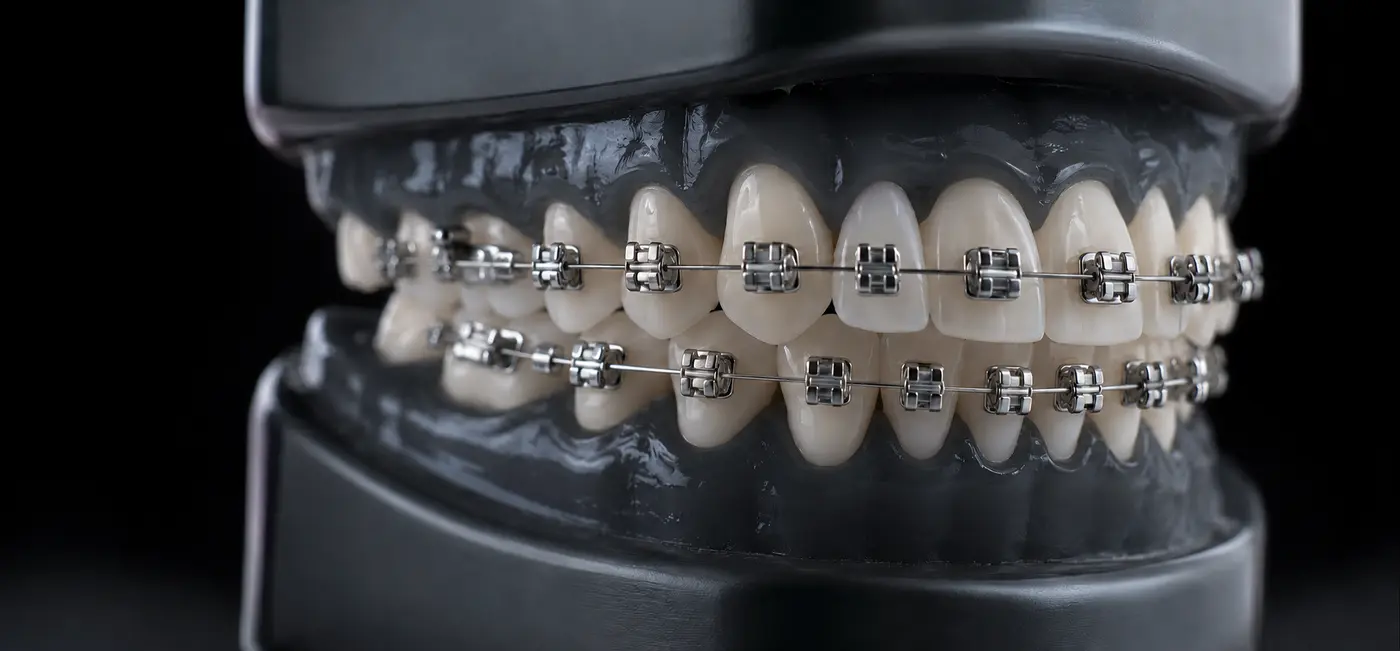 Imagem demonstrativa de aparelho ortodôntico autoligado em modelo odontológico