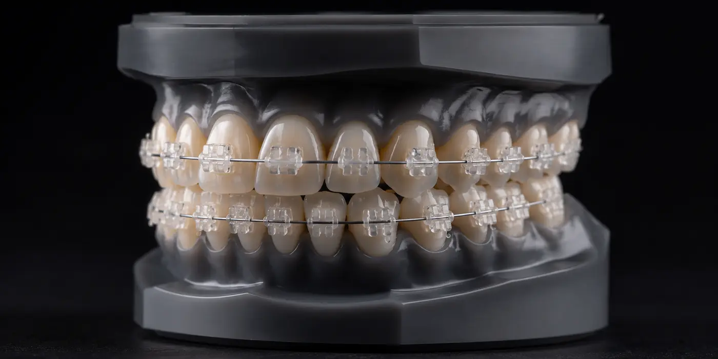 Imagem demonstrativa de aparelho ortodôntico de safira em modelo odontológico