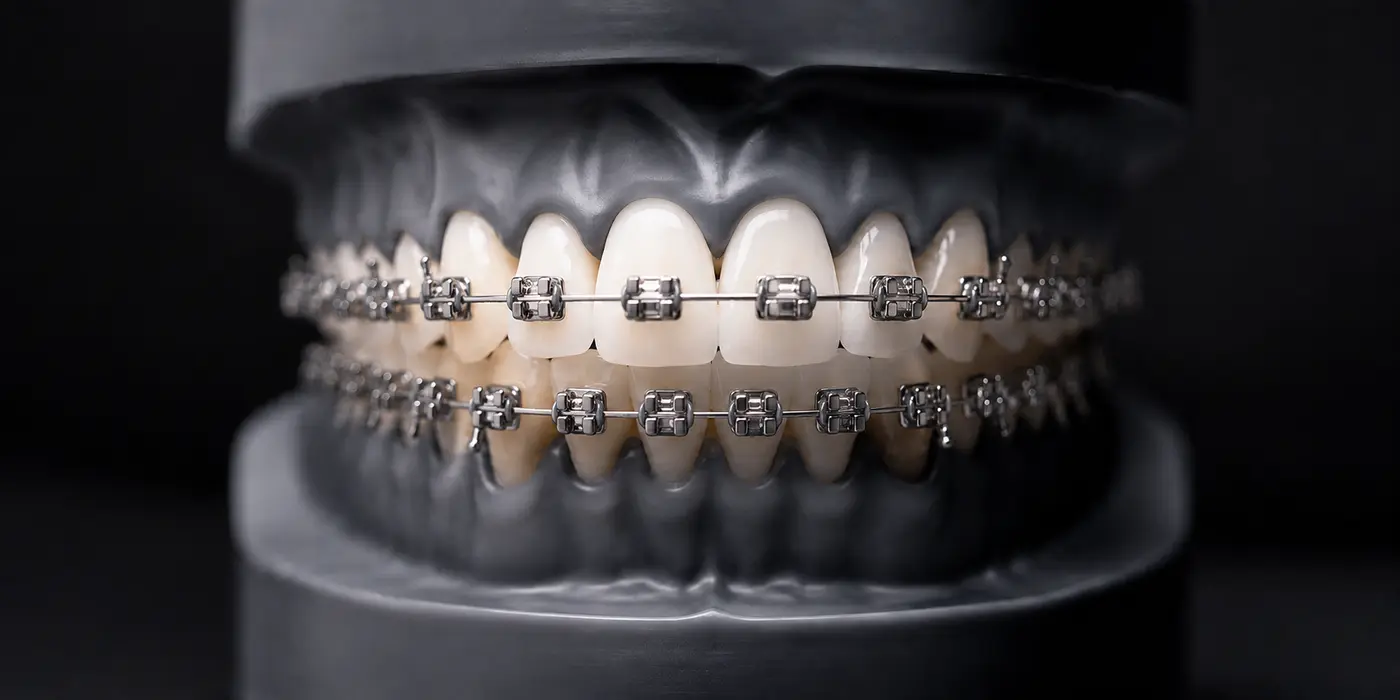 Imagem demonstrativa de aparelho ortodôntico tradicional em modelo odontológico